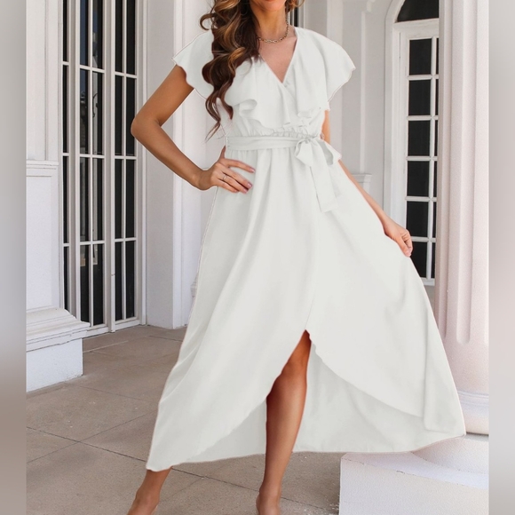 Romantic Ivory Ruffled Midi Dress with Wrap Silhouette and Slit Romantic Ivory Ruffled Midi Dress with Wrap Silhouette and Slit